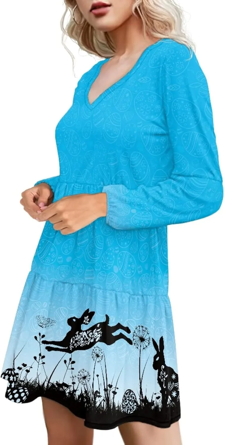 Bengbobar 2024 Easter Dress for Women Long Sleeve Easter Eggs Shift Dresses Spring Bunny Casual Elegant V Neck Vintage Dress