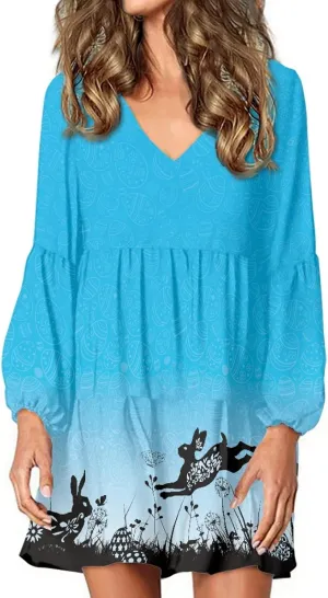 Bengbobar 2024 Easter Dress for Women Long Sleeve Easter Eggs Shift Dresses Spring Bunny Casual Elegant V Neck Vintage Dress