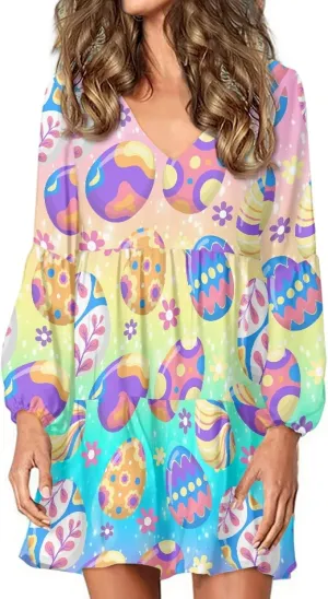 Bengbobar 2024 Easter Dress for Women Long Sleeve Easter Eggs Shift Dresses Spring Bunny Casual Elegant V Neck Vintage Dress