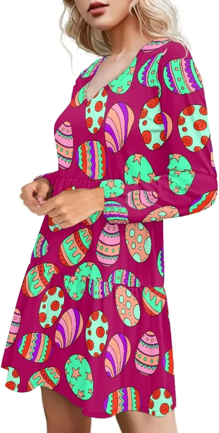 Bengbobar 2024 Easter Dress for Women Long Sleeve Easter Eggs Shift Dresses Spring Bunny Casual Elegant V Neck Vintage Dress