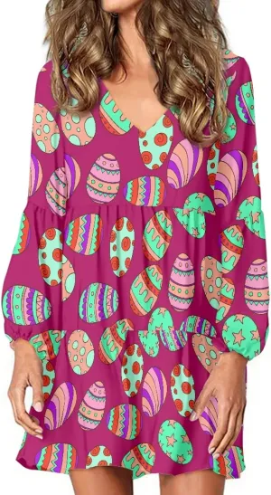 Bengbobar 2024 Easter Dress for Women Long Sleeve Easter Eggs Shift Dresses Spring Bunny Casual Elegant V Neck Vintage Dress