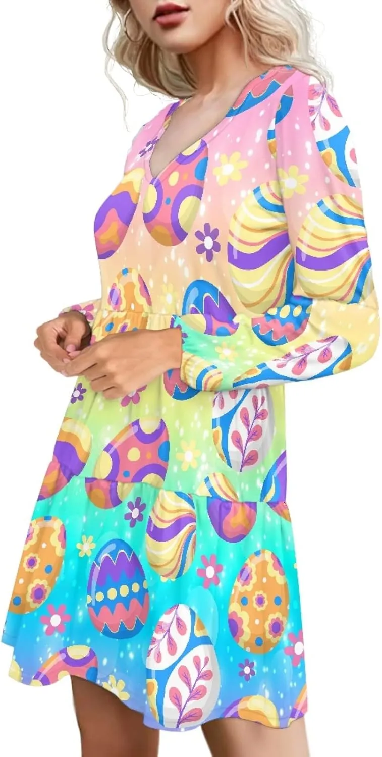Bengbobar 2024 Easter Dress for Women Long Sleeve Easter Eggs Shift Dresses Spring Bunny Casual Elegant V Neck Vintage Dress