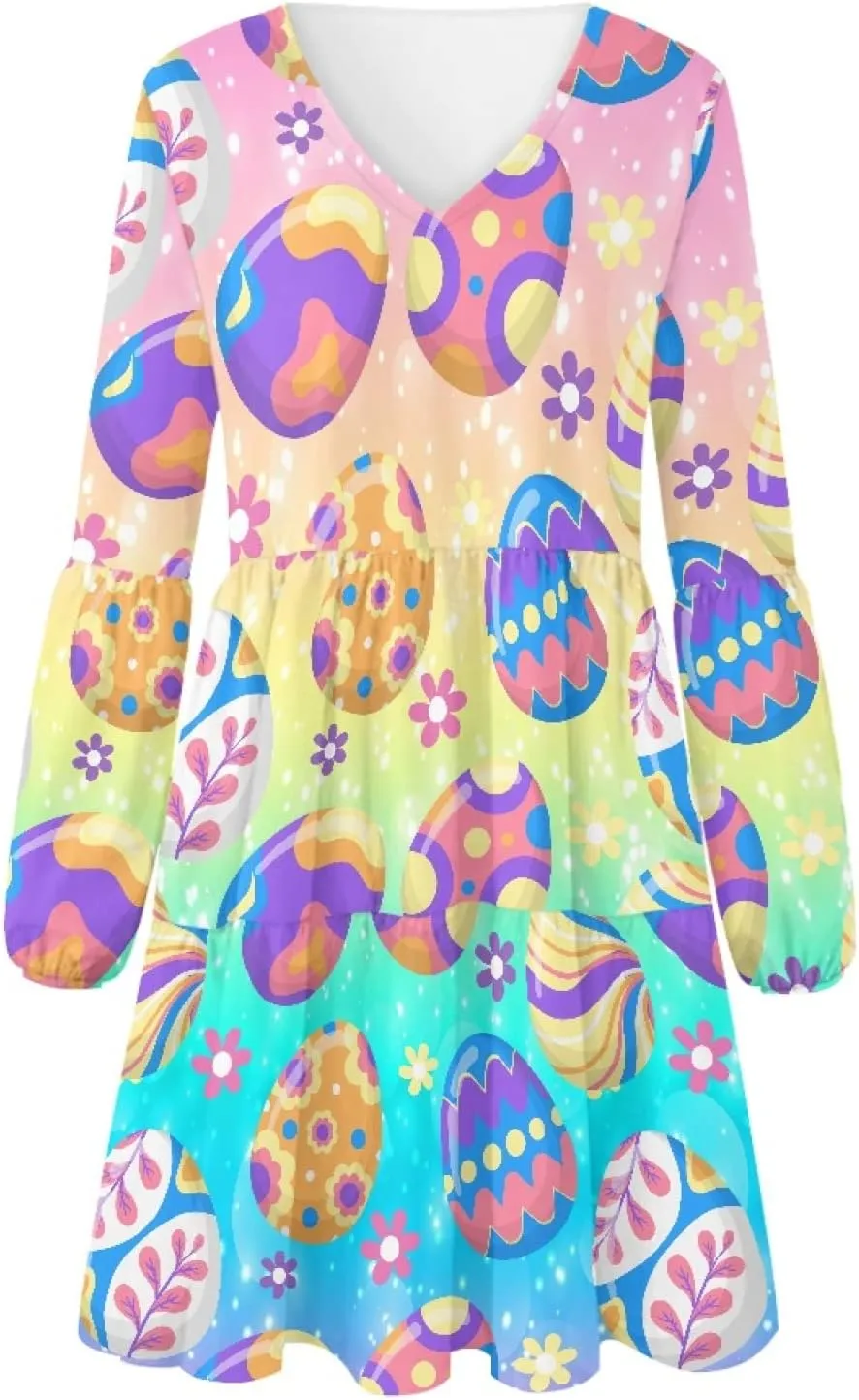 Bengbobar 2024 Easter Dress for Women Long Sleeve Easter Eggs Shift Dresses Spring Bunny Casual Elegant V Neck Vintage Dress