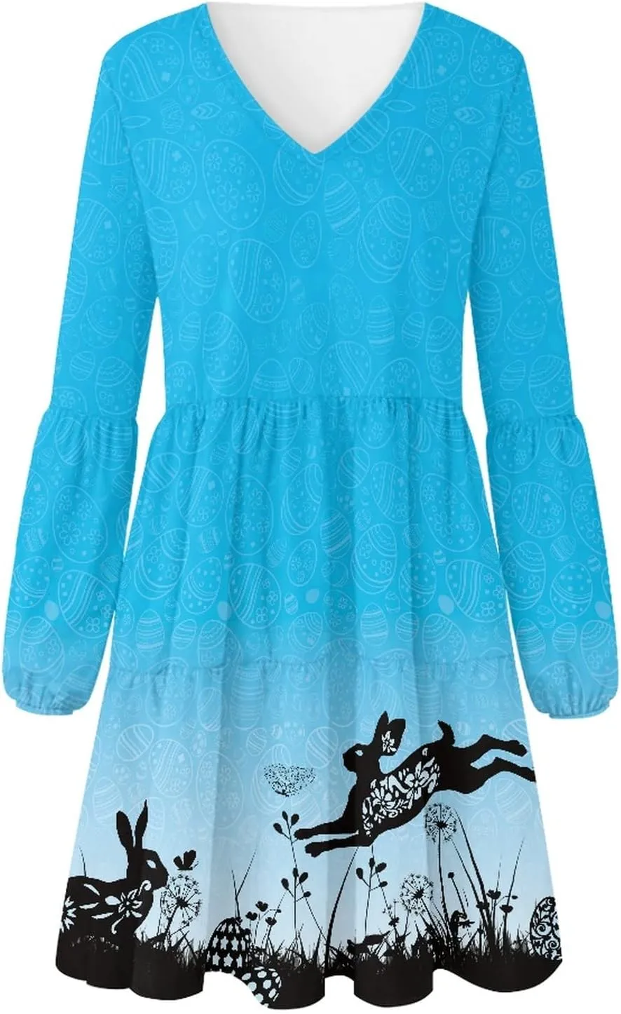 Bengbobar 2024 Easter Dress for Women Long Sleeve Easter Eggs Shift Dresses Spring Bunny Casual Elegant V Neck Vintage Dress