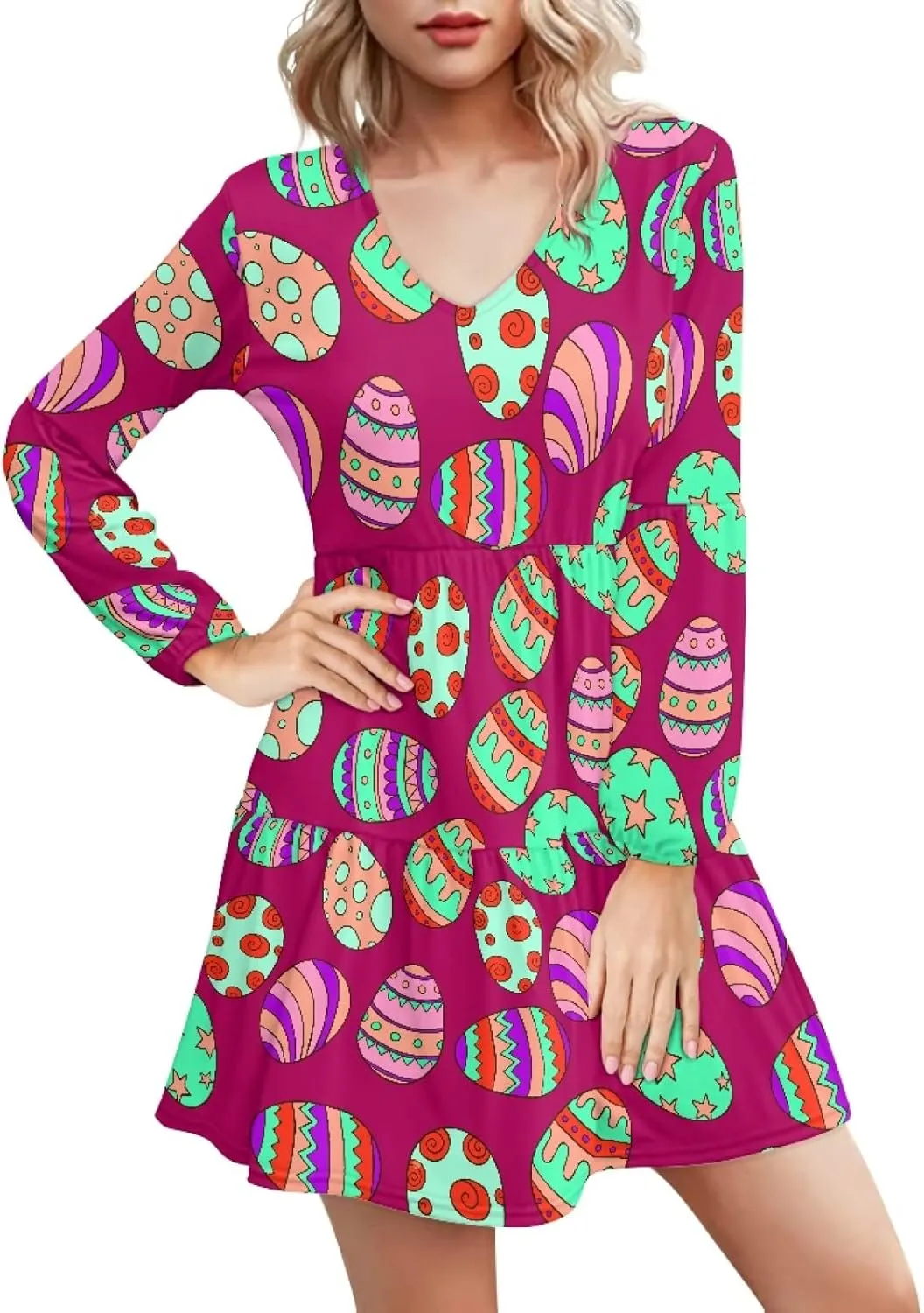 Bengbobar 2024 Easter Dress for Women Long Sleeve Easter Eggs Shift Dresses Spring Bunny Casual Elegant V Neck Vintage Dress