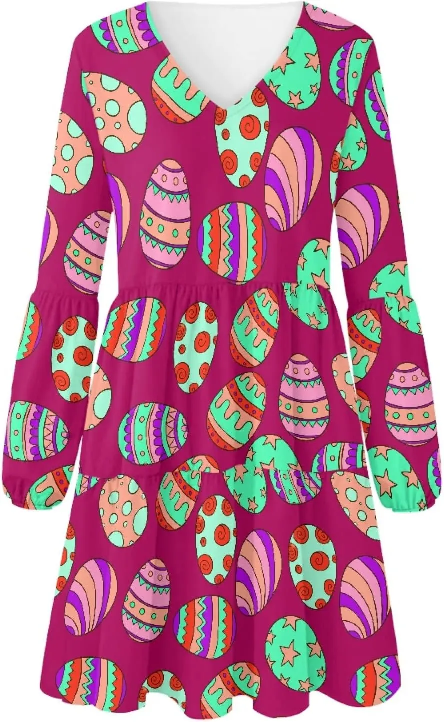Bengbobar 2024 Easter Dress for Women Long Sleeve Easter Eggs Shift Dresses Spring Bunny Casual Elegant V Neck Vintage Dress