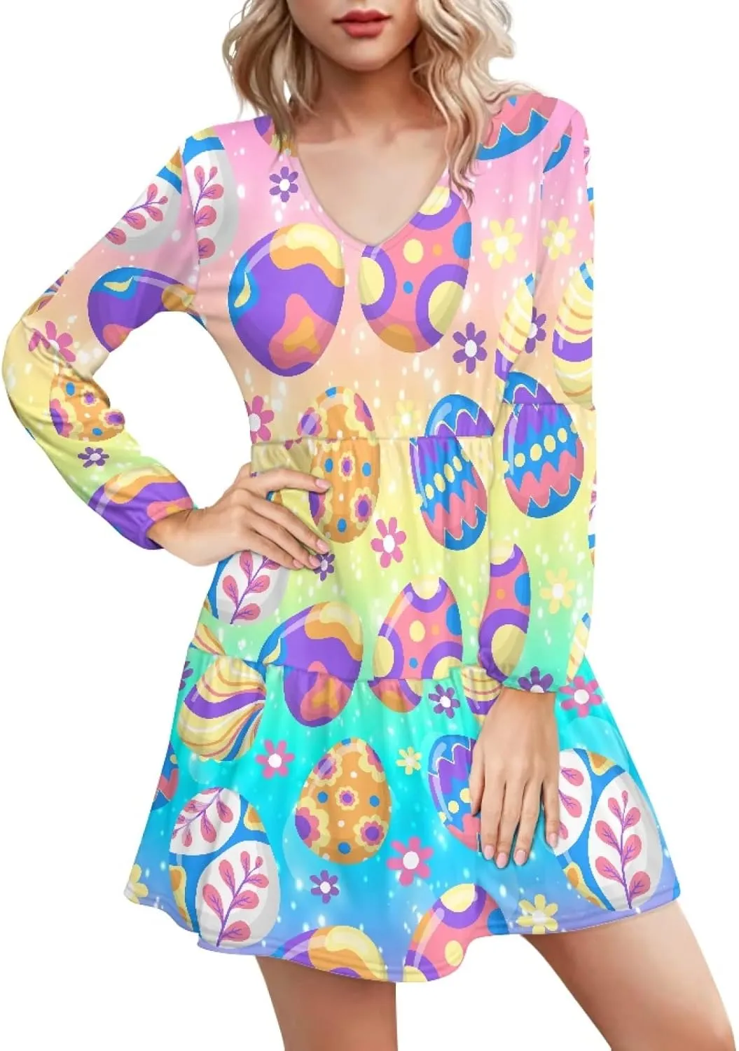 Bengbobar 2024 Easter Dress for Women Long Sleeve Easter Eggs Shift Dresses Spring Bunny Casual Elegant V Neck Vintage Dress