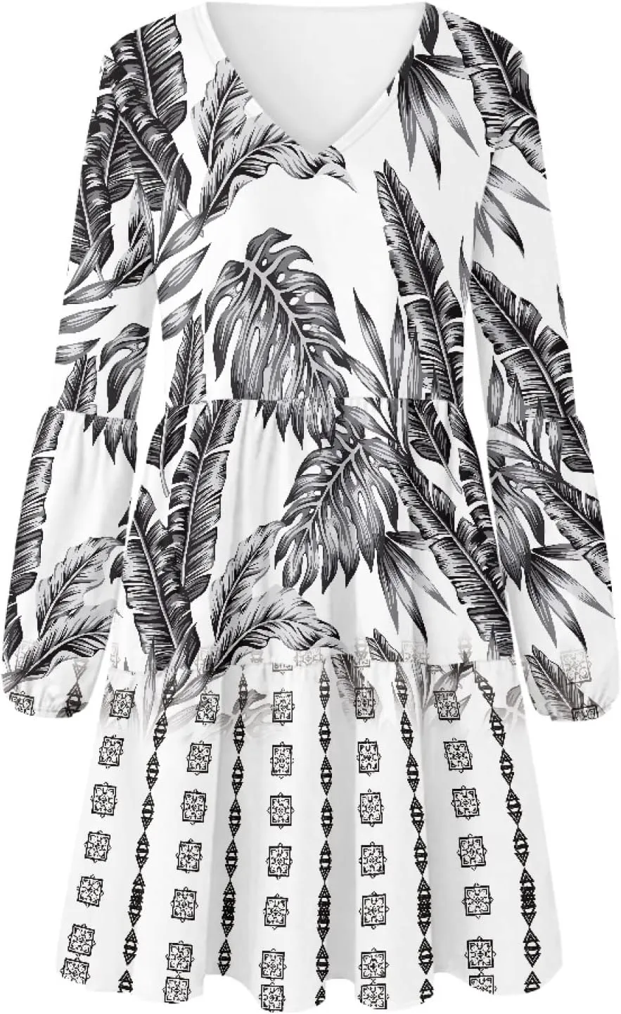 Bengbobar Womens Polynesian Print Dress Flower V Neck Long Puff Sleeve Casual Summer Elegant Mini Loose Pleated Shift Dresses