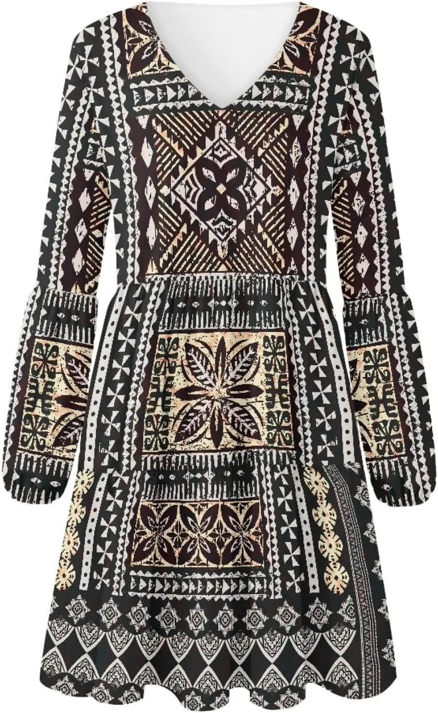 Bengbobar Womens Polynesian Print Dress Flower V Neck Long Puff Sleeve Casual Summer Elegant Mini Loose Pleated Shift Dresses