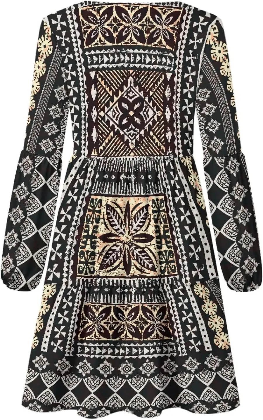 Bengbobar Womens Polynesian Print Dress Flower V Neck Long Puff Sleeve Casual Summer Elegant Mini Loose Pleated Shift Dresses