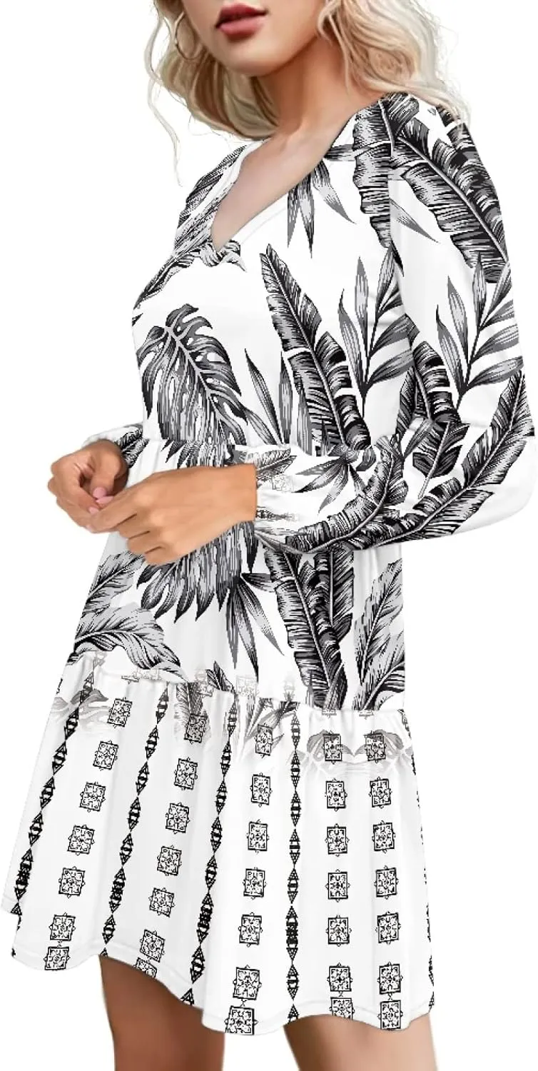 Bengbobar Womens Polynesian Print Dress Flower V Neck Long Puff Sleeve Casual Summer Elegant Mini Loose Pleated Shift Dresses
