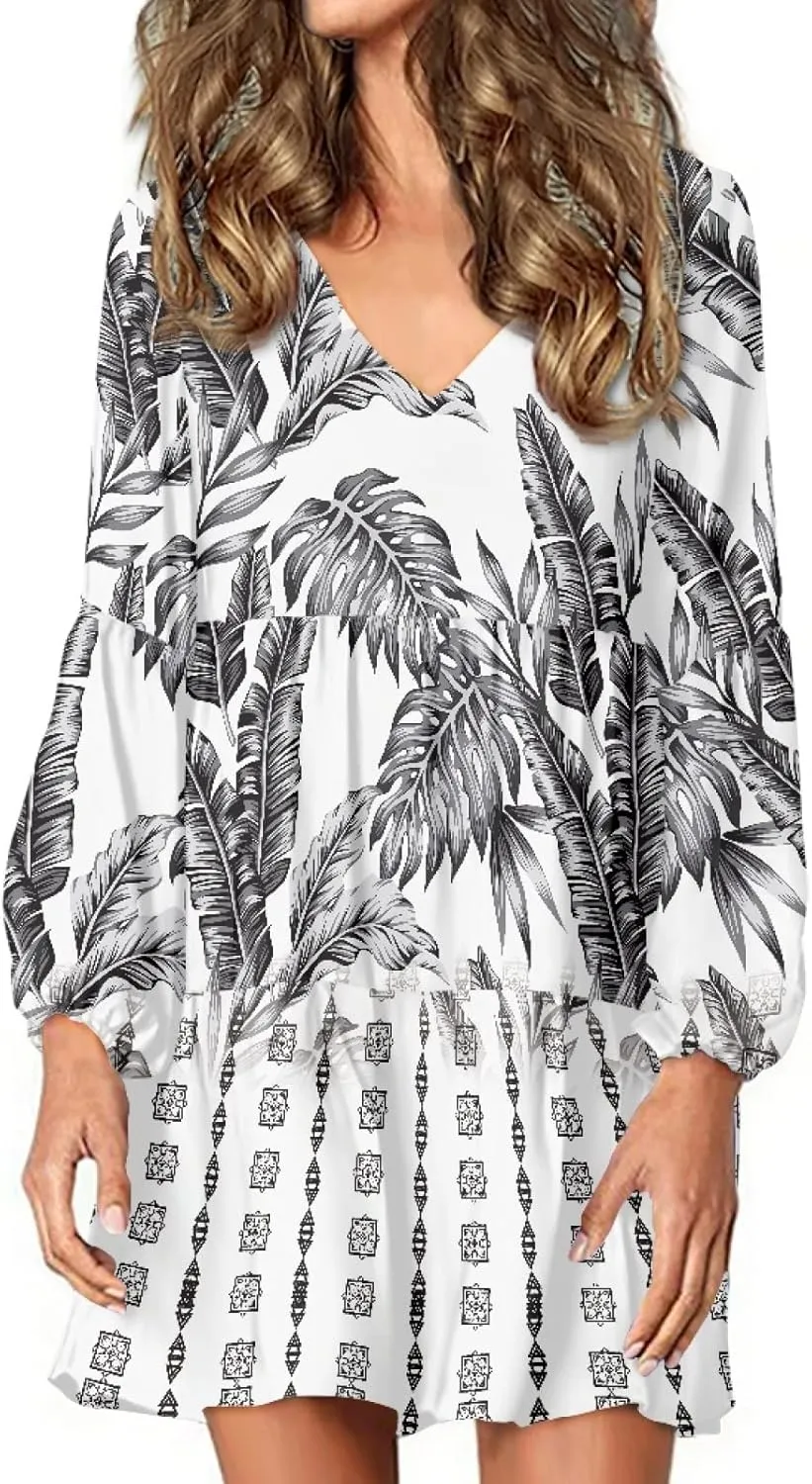 Bengbobar Womens Polynesian Print Dress Flower V Neck Long Puff Sleeve Casual Summer Elegant Mini Loose Pleated Shift Dresses