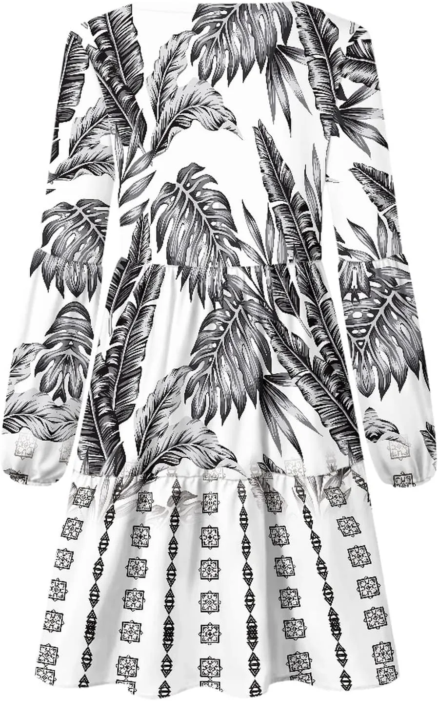 Bengbobar Womens Polynesian Print Dress Flower V Neck Long Puff Sleeve Casual Summer Elegant Mini Loose Pleated Shift Dresses