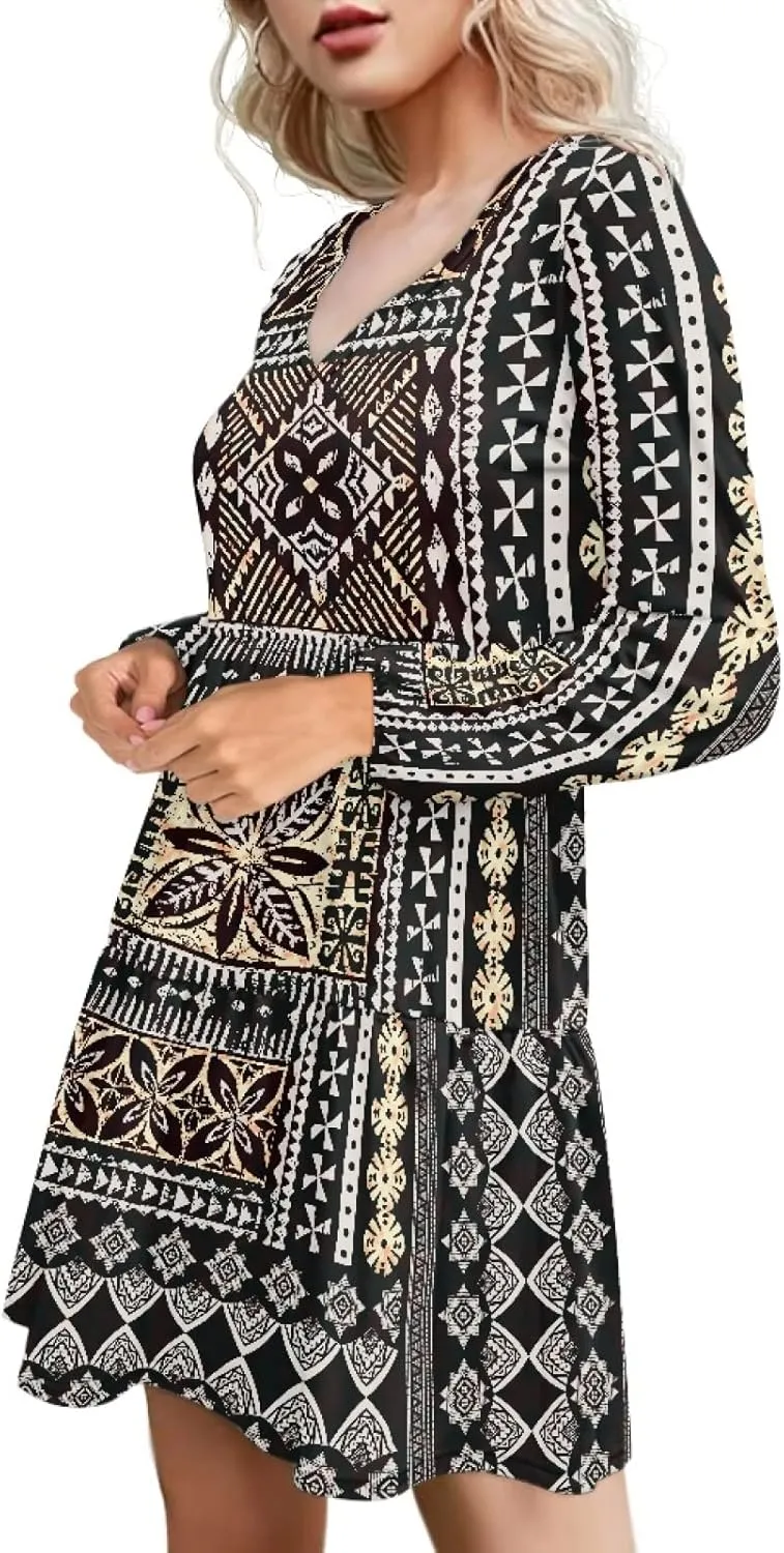 Bengbobar Womens Polynesian Print Dress Flower V Neck Long Puff Sleeve Casual Summer Elegant Mini Loose Pleated Shift Dresses