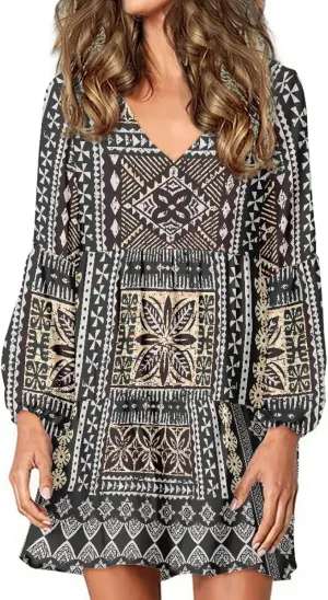 Bengbobar Womens Polynesian Print Dress Flower V Neck Long Puff Sleeve Casual Summer Elegant Mini Loose Pleated Shift Dresses