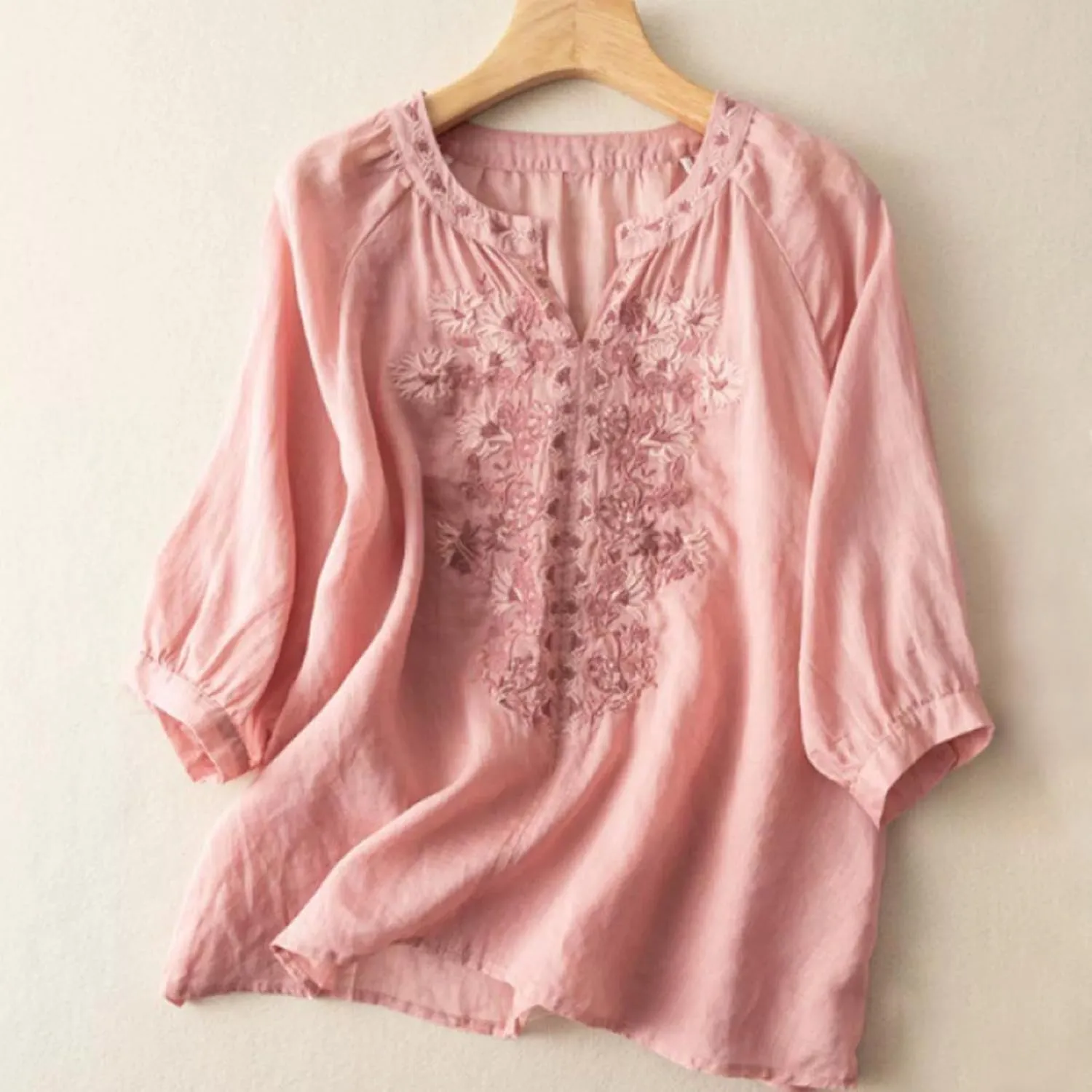 Bohemian Tops for Women Summer Embroidered Cotton Linen Blouses Flowy Short Sleeve Shirts Mexican Tees