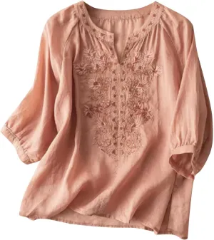 Bohemian Tops for Women Summer Embroidered Cotton Linen Blouses Flowy Short Sleeve Shirts Mexican Tees