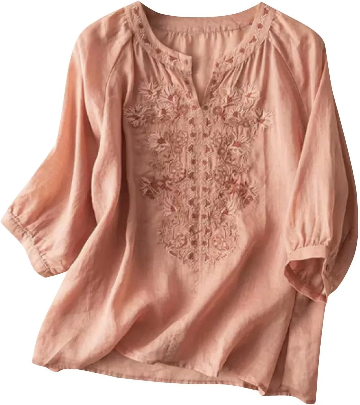 Bohemian Tops for Women Summer Embroidered Cotton Linen Blouses Flowy Short Sleeve Shirts Mexican Tees