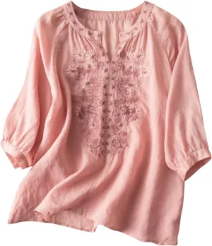 Bohemian Tops for Women Summer Embroidered Cotton Linen Blouses Flowy Short Sleeve Shirts Mexican Tees