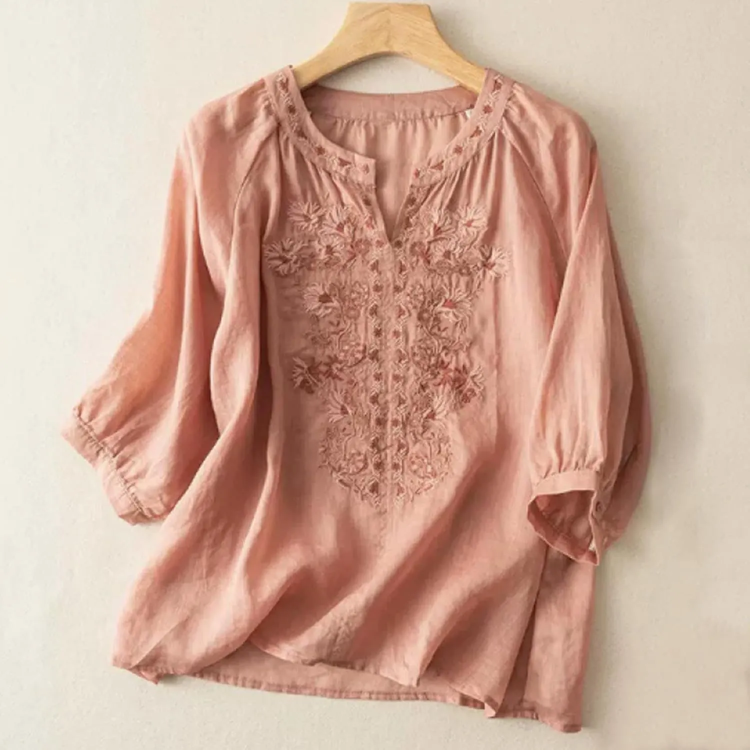 Bohemian Tops for Women Summer Embroidered Cotton Linen Blouses Flowy Short Sleeve Shirts Mexican Tees