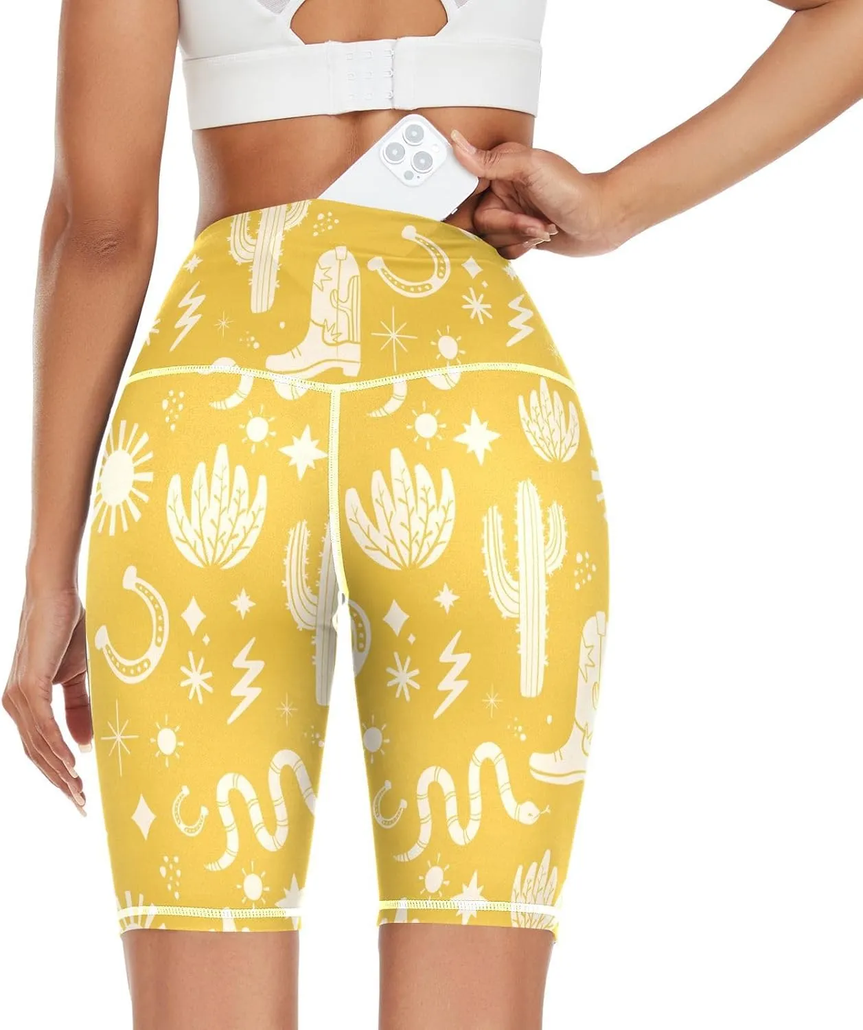 Cactus Yellow Printed Yoga Leggings for Women Activewear Womens Leggings High Waist Tummy Control X-Small