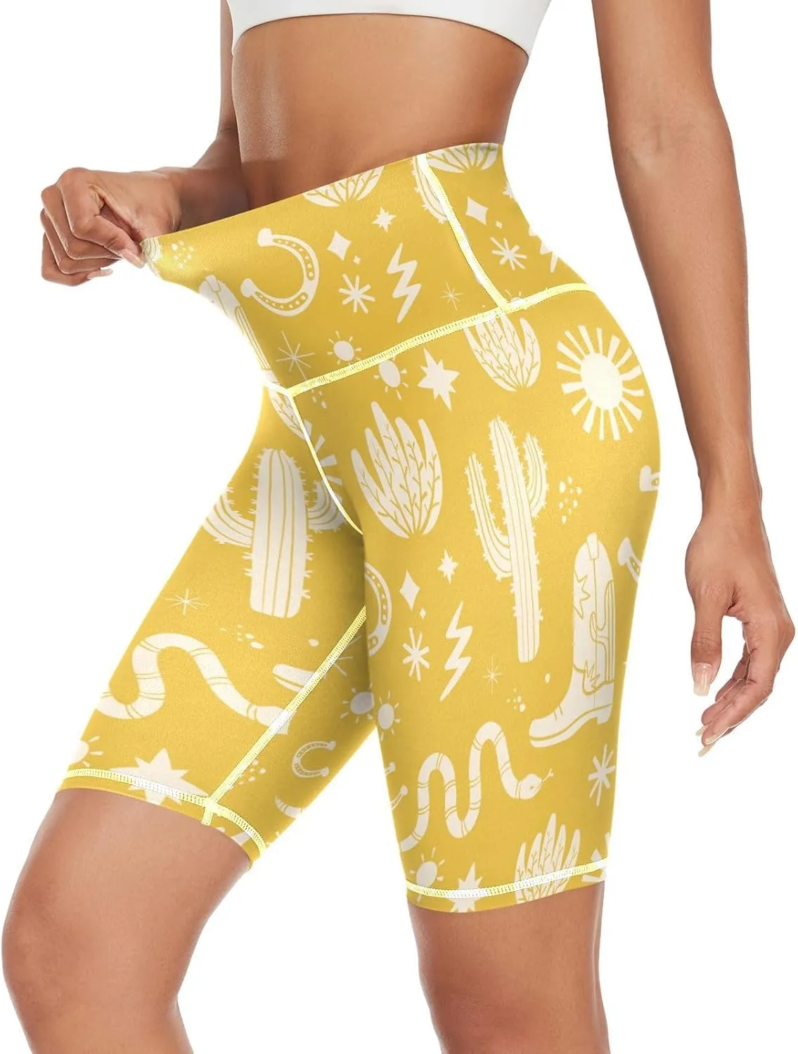 Cactus Yellow Printed Yoga Leggings for Women Activewear Womens Leggings High Waist Tummy Control X-Small