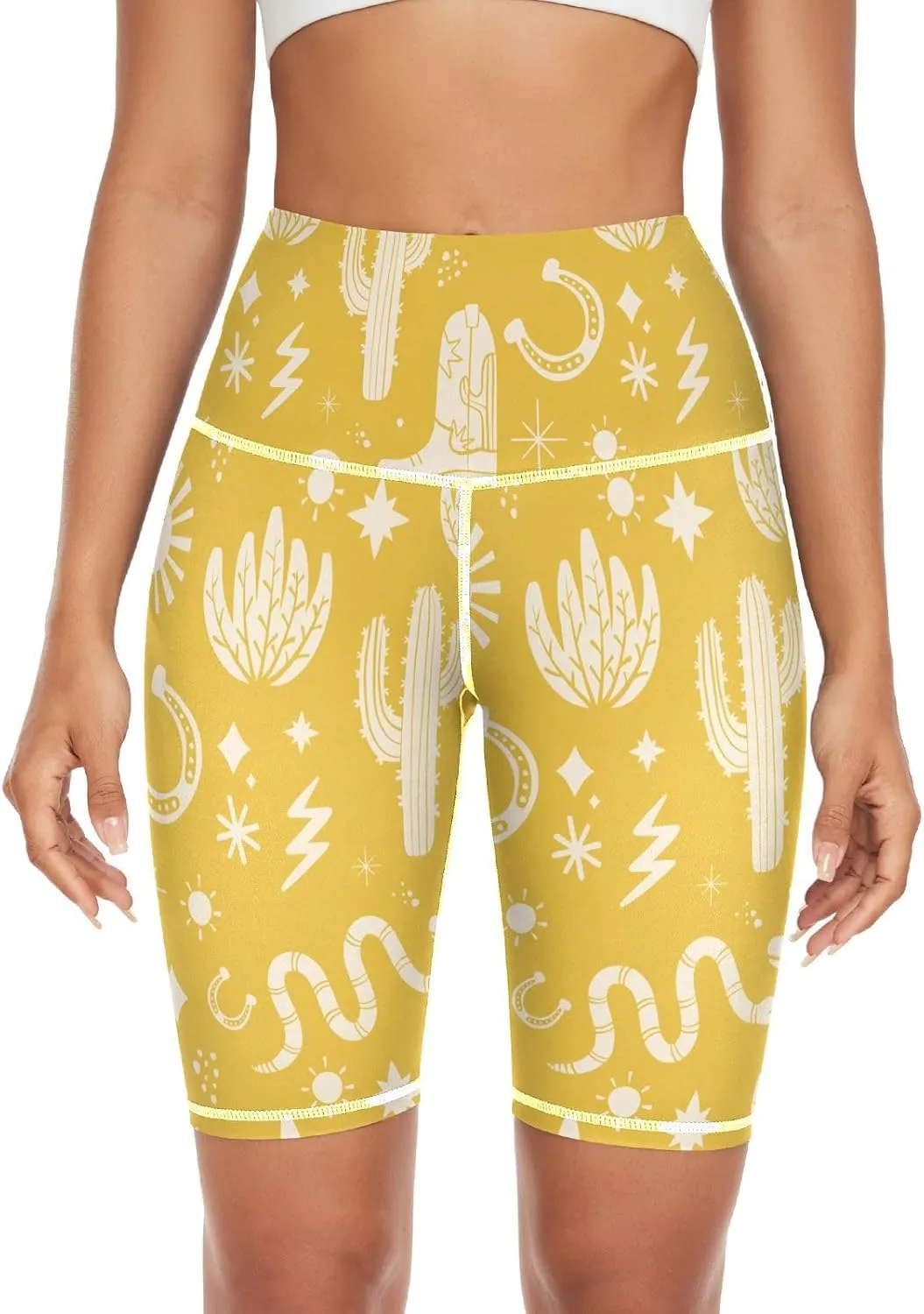 Cactus Yellow Printed Yoga Leggings for Women Activewear Womens Leggings High Waist Tummy Control X-Small
