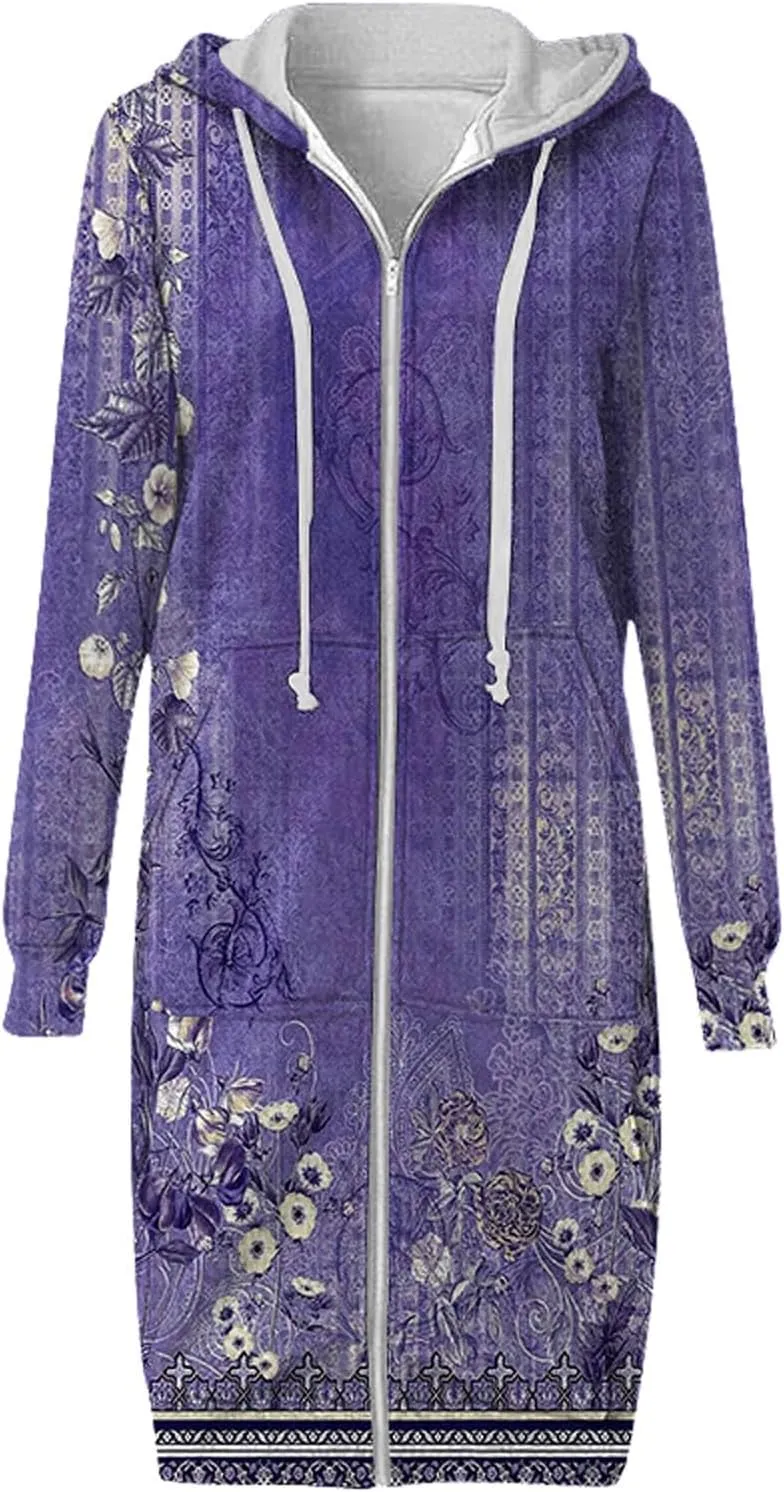 Caidigan Coat for Women Loose Fit Drawstring Hooded Open Front Long Sleeve Full Zip Up Jackets Autumn Casual Hoodies