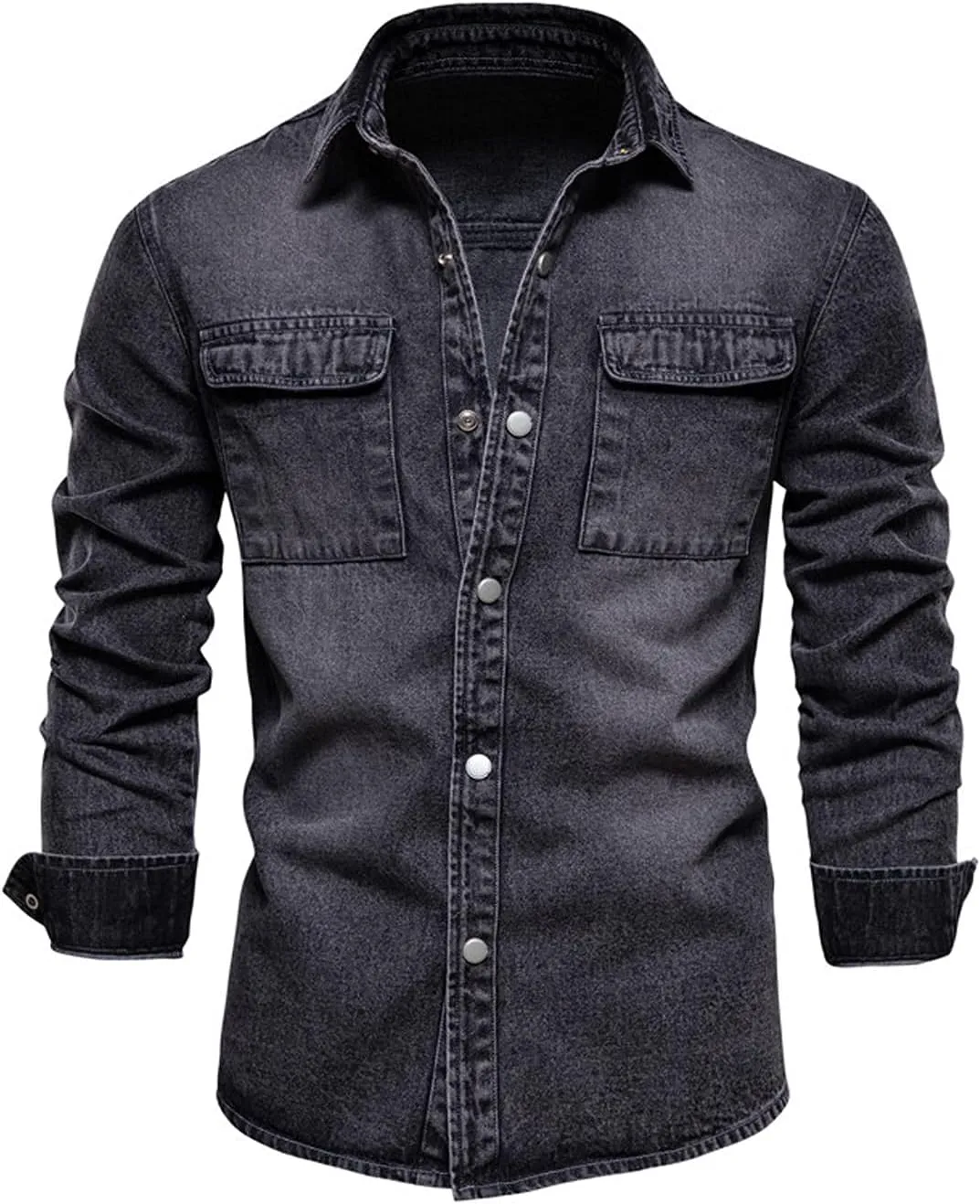 chouyatou Men's Casual Long Sleeve Button Up Cowboy Weatern Distressed Denim Work Shirt