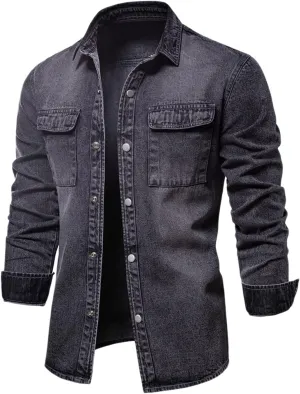 chouyatou Men's Casual Long Sleeve Button Up Cowboy Weatern Distressed Denim Work Shirt