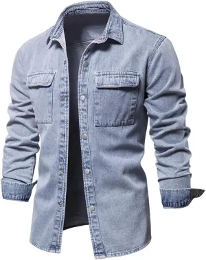 chouyatou Men's Casual Long Sleeve Button Up Cowboy Weatern Distressed Denim Work Shirt