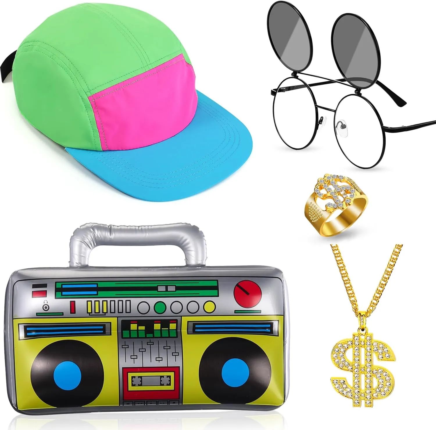 Cindeer 5 Pcs 90s Hip Hop Accessories Kit 80s Outfit Rapper Neon Hat Sunglasses Gold Dollar Chain Ring Inflatable Radio
