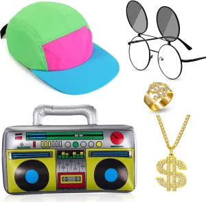 Cindeer 5 Pcs 90s Hip Hop Accessories Kit 80s Outfit Rapper Neon Hat Sunglasses Gold Dollar Chain Ring Inflatable Radio
