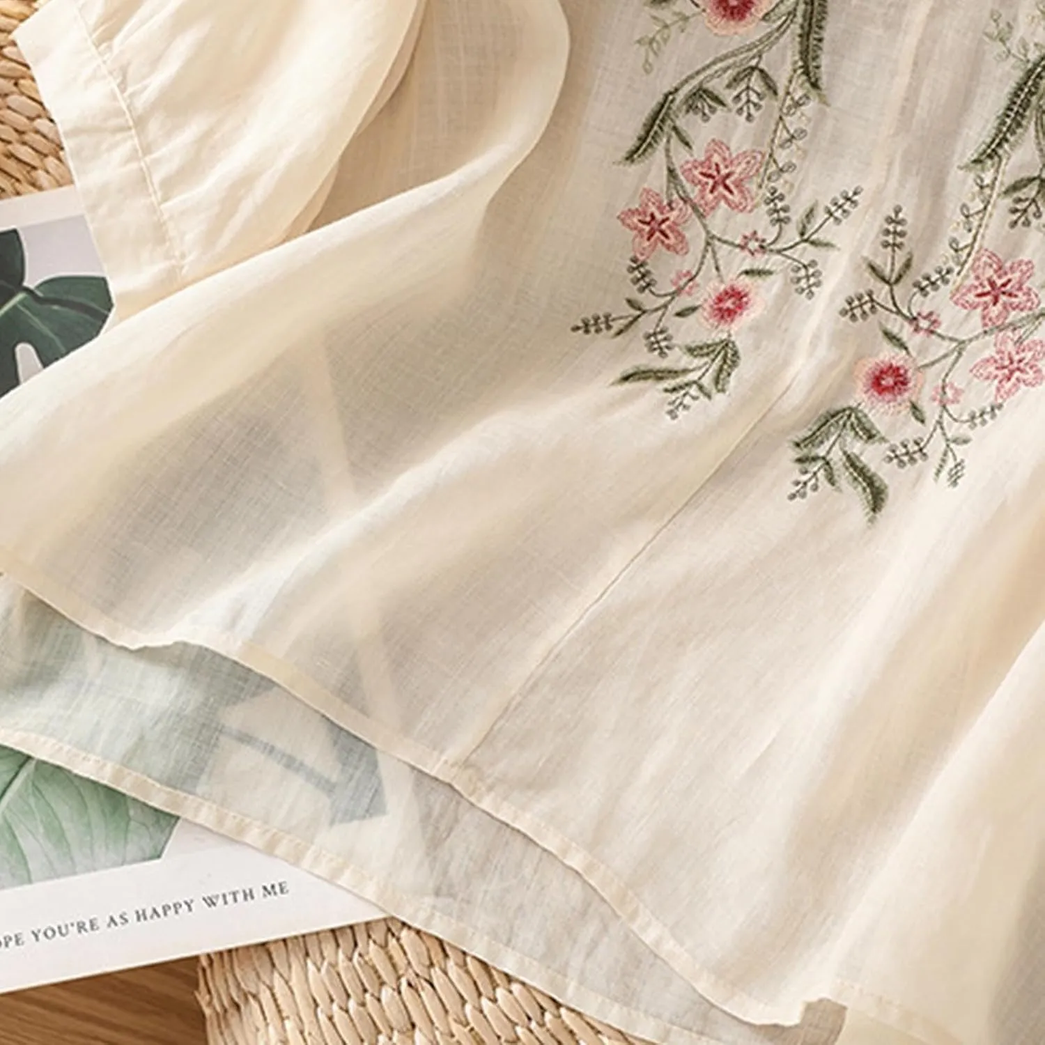 Cotton Linen Embroidered Tops for Women 3/4 Sleeve Casual Summer Retro Floral Blouses Vacation Boho Pullover Tops