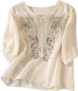 Cotton Linen Embroidered Tops for Women 3/4 Sleeve Casual Summer Retro Floral Blouses Vacation Boho Pullover Tops