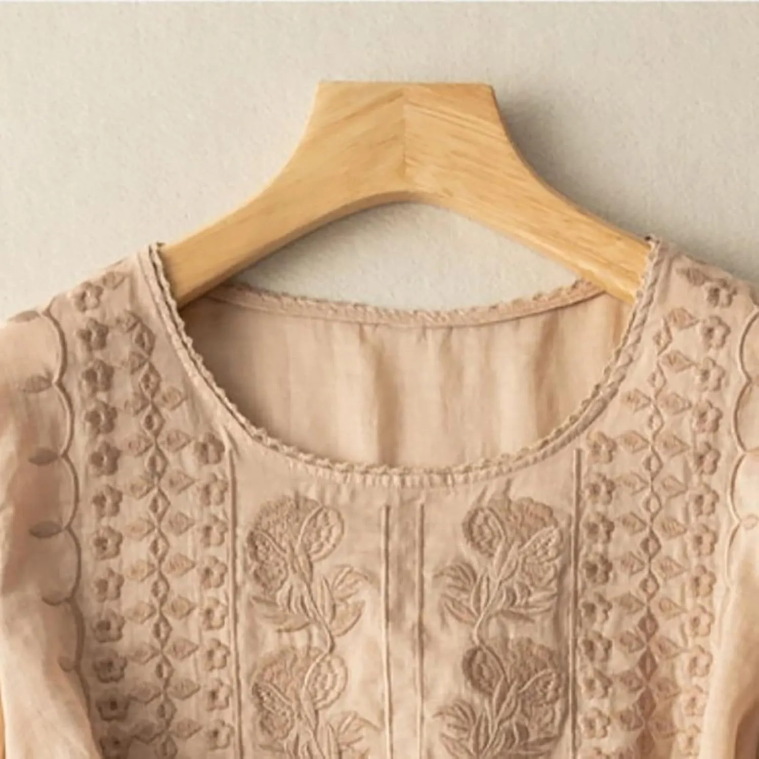 Cotton Linen Embroidered Tops for Women 3/4 Sleeve Casual Summer Retro Floral Blouses Vacation Boho Pullover Tops