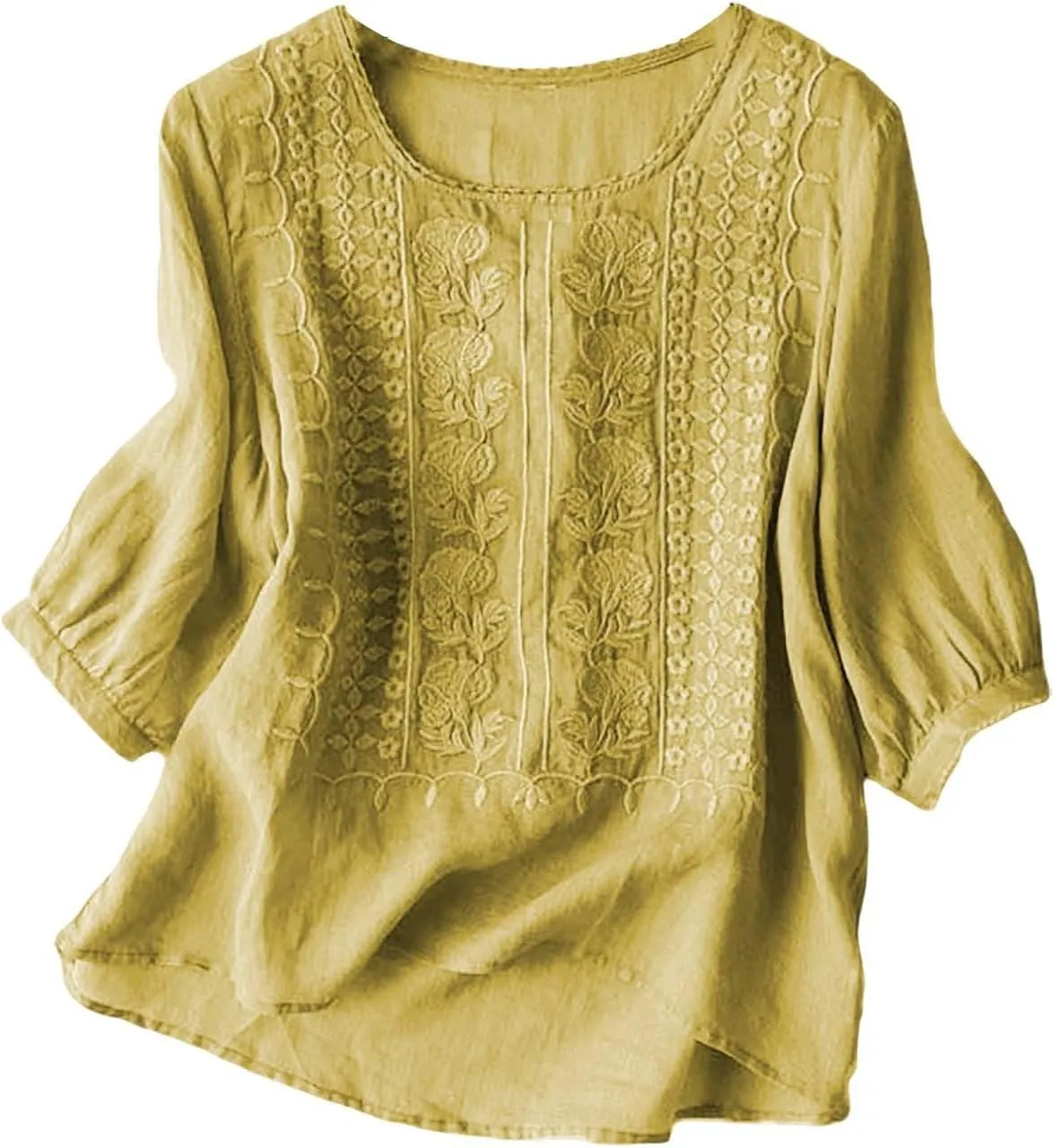 Cotton Linen Embroidered Tops for Women 3/4 Sleeve Casual Summer Retro Floral Blouses Vacation Boho Pullover Tops