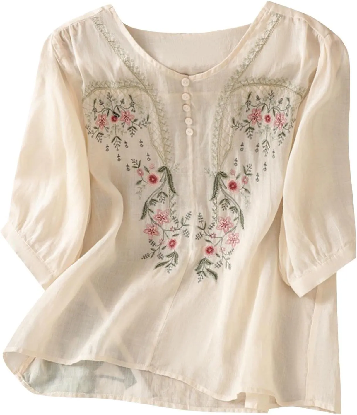 Cotton Linen Embroidered Tops for Women 3/4 Sleeve Casual Summer Retro Floral Blouses Vacation Boho Pullover Tops
