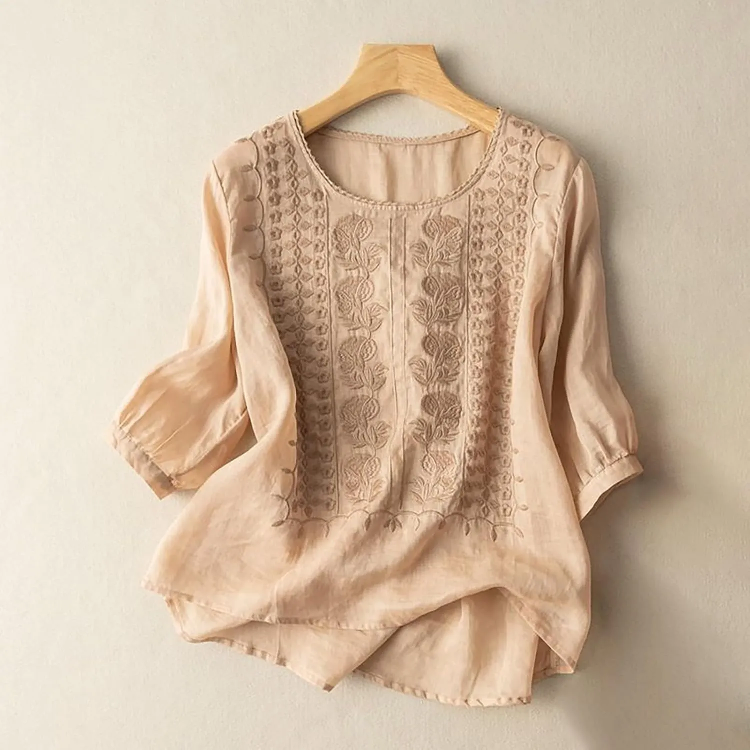 Cotton Linen Embroidered Tops for Women 3/4 Sleeve Casual Summer Retro Floral Blouses Vacation Boho Pullover Tops