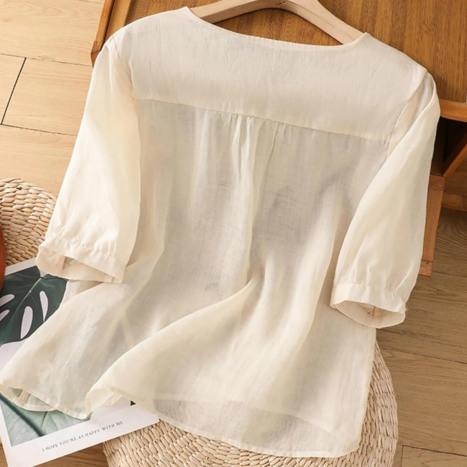 Cotton Linen Embroidered Tops for Women 3/4 Sleeve Casual Summer Retro Floral Blouses Vacation Boho Pullover Tops