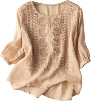 Cotton Linen Embroidered Tops for Women 3/4 Sleeve Casual Summer Retro Floral Blouses Vacation Boho Pullover Tops