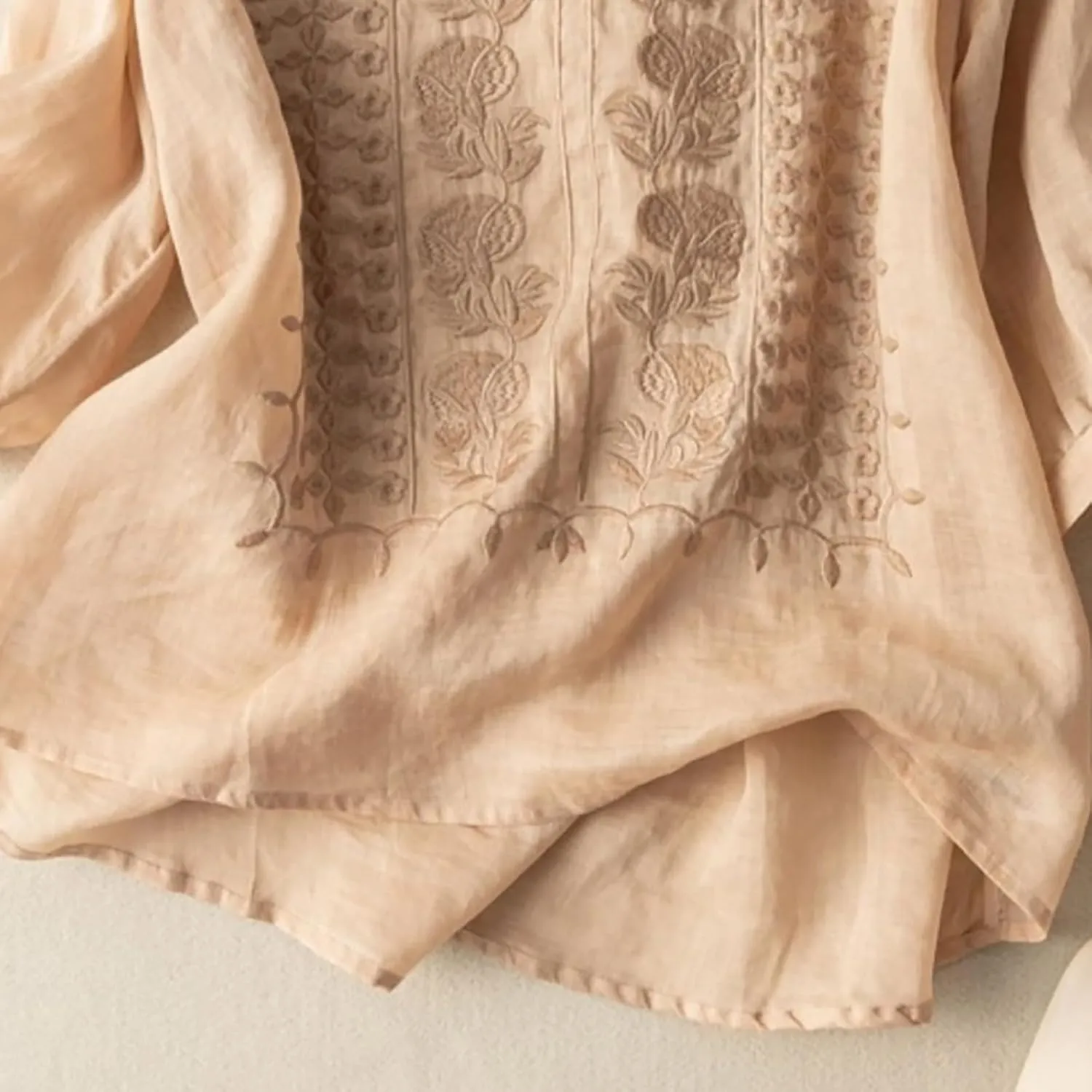 Cotton Linen Embroidered Tops for Women 3/4 Sleeve Casual Summer Retro Floral Blouses Vacation Boho Pullover Tops
