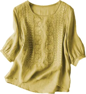 Cotton Linen Embroidered Tops for Women 3/4 Sleeve Casual Summer Retro Floral Blouses Vacation Boho Pullover Tops
