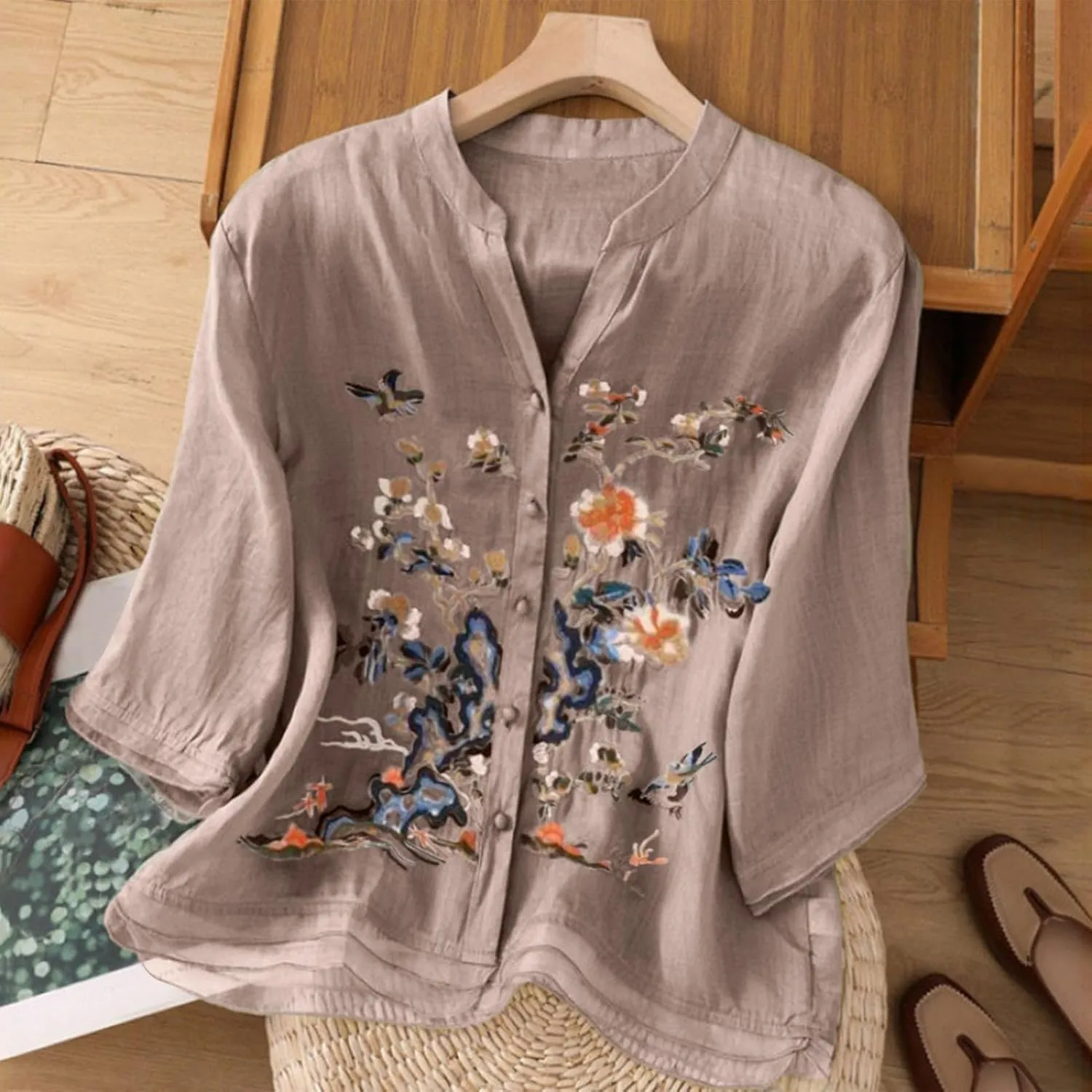 Cotton Linen Shirts for Women 2025 Floral Embroidered Tops Boho Ethnic Women 3/4 Sleeve V Neck Button Tunic Tshirt