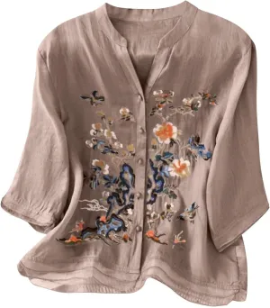 Cotton Linen Shirts for Women 2025 Floral Embroidered Tops Boho Ethnic Women 3/4 Sleeve V Neck Button Tunic Tshirt