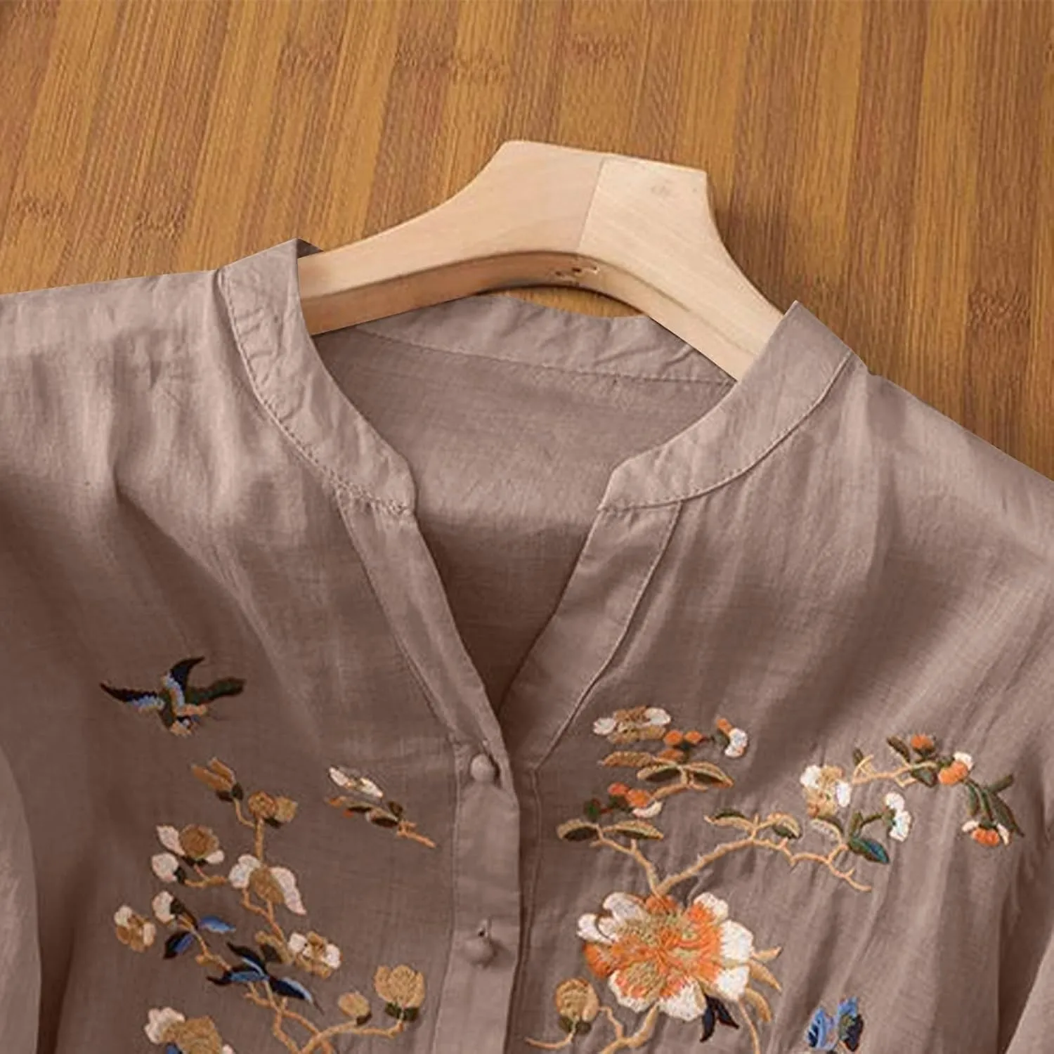 Cotton Linen Shirts for Women 2025 Floral Embroidered Tops Boho Ethnic Women 3/4 Sleeve V Neck Button Tunic Tshirt