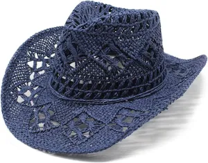 Cowboy Hats for Women Wide Brim Straw Sun Hats Western Retro Solid Bucket Hats Summer Hollow Breathable Travel Hats
