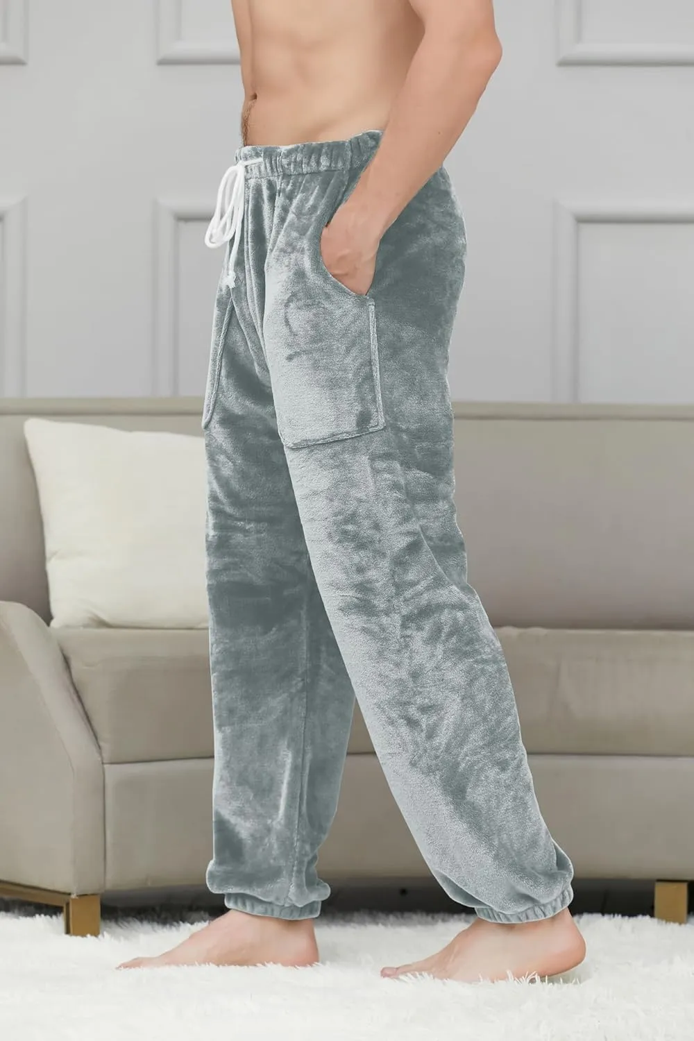 Cromoncent Mens Plush Warm Lounge Pj Pants Thickened Fleece Pajama Jogger Pants with Pockets Sleepwear
