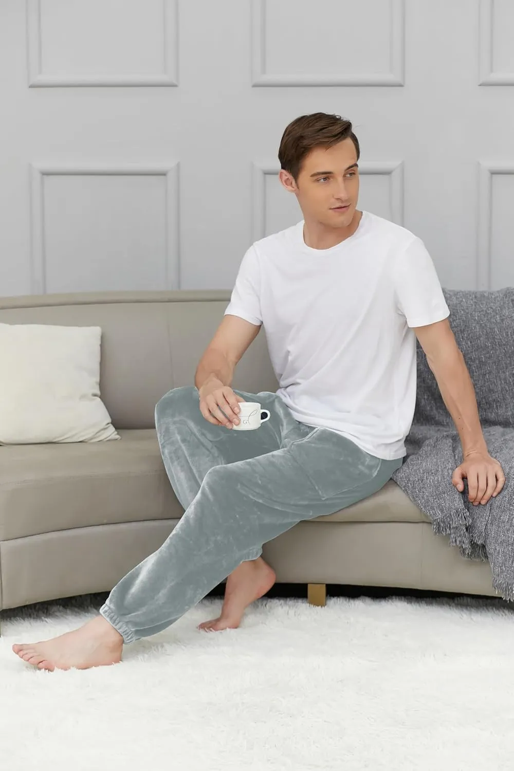 Cromoncent Mens Plush Warm Lounge Pj Pants Thickened Fleece Pajama Jogger Pants with Pockets Sleepwear