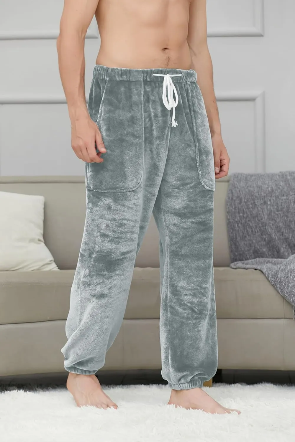 Cromoncent Mens Plush Warm Lounge Pj Pants Thickened Fleece Pajama Jogger Pants with Pockets Sleepwear